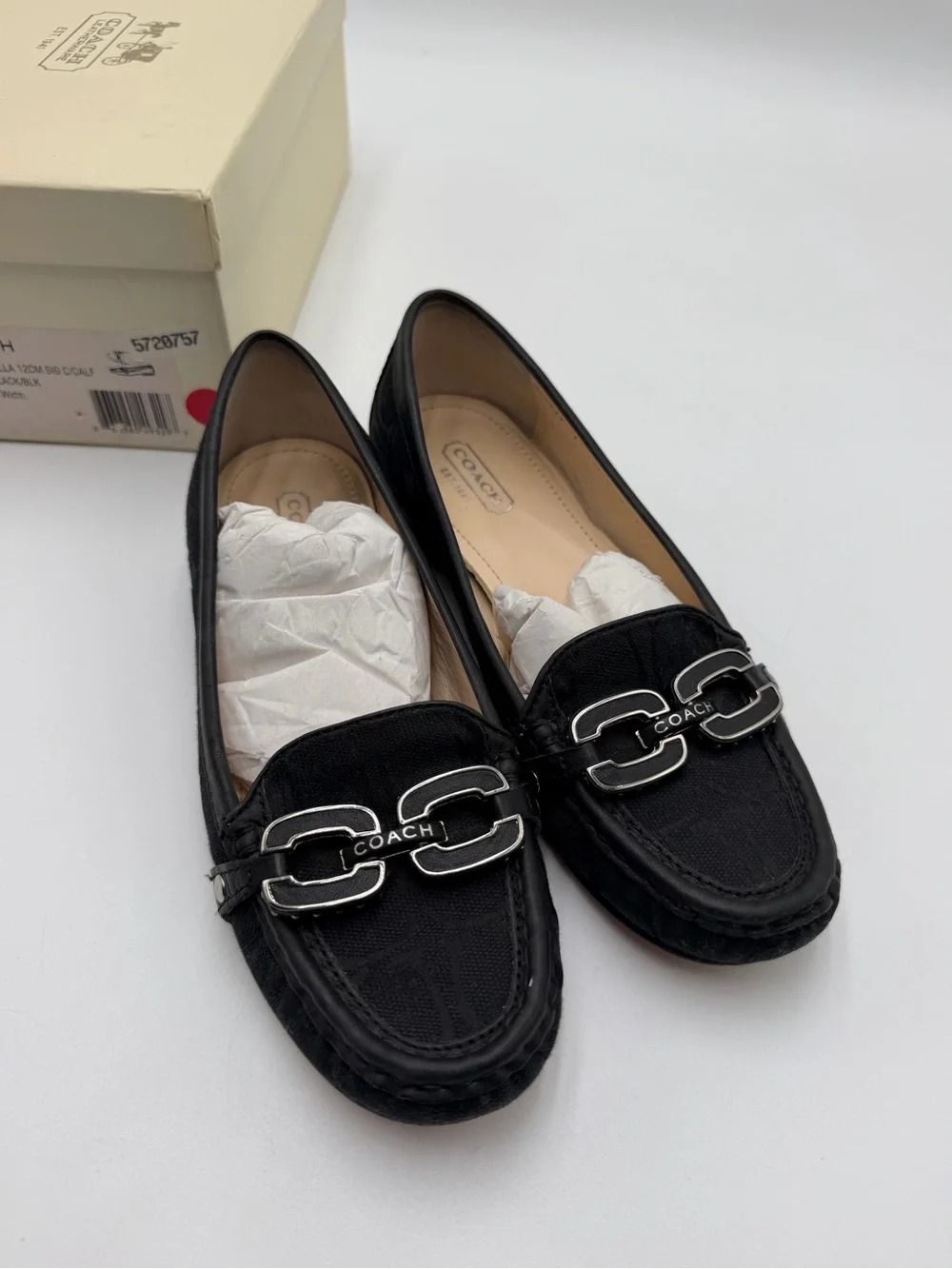 Coach Ella Signature Jacquard Horsebit Loafers Black Womens 6 B Leather Box